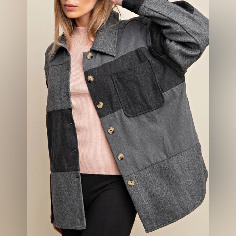 KORI shirt jacket, patchwork gray flannell and denim. Sz Medium oversized. NEW